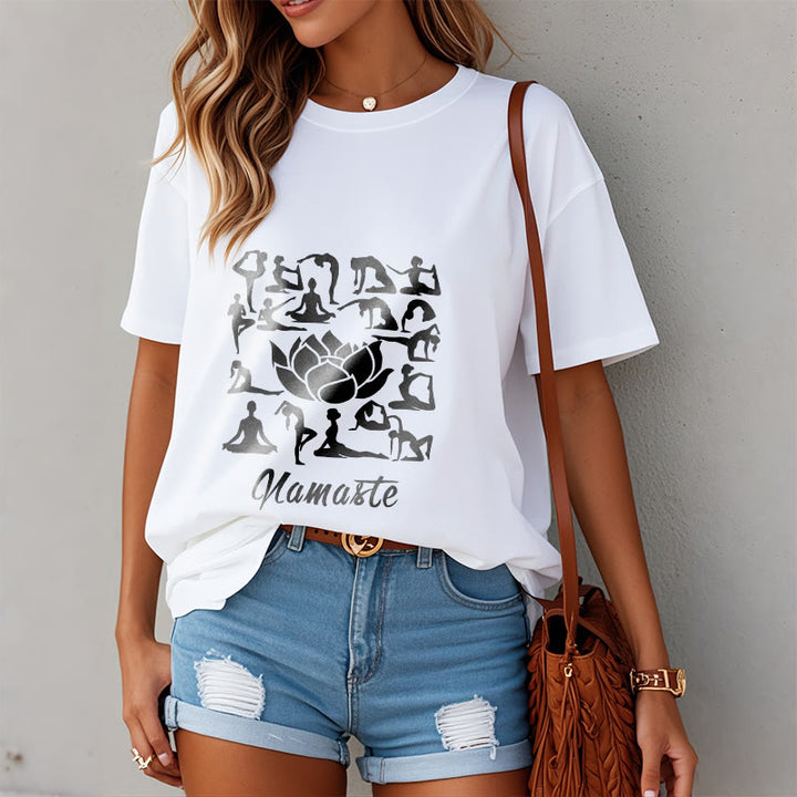 Buddha Stones Casual Lotusblume Verschiedene Yoga-Posen Muster T-Shirt - image 10