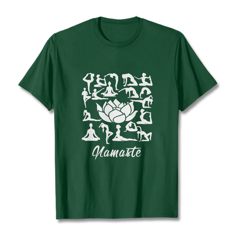 Buddha Stones Casual Lotusblume Verschiedene Yoga-Posen Muster T-Shirt - WaldGrün - 2XL - image 1