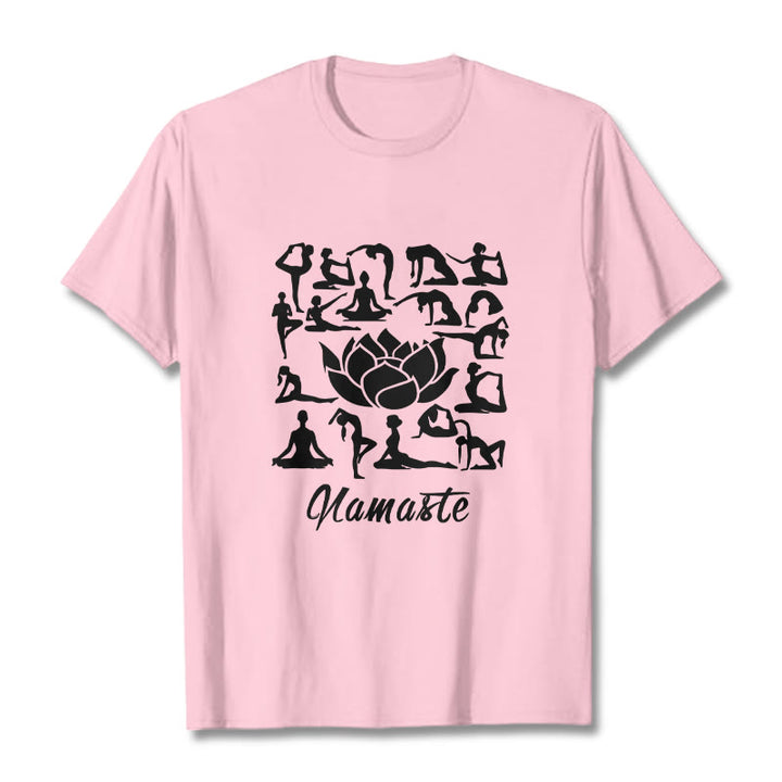 Buddha Stones Casual Lotusblume Verschiedene Yoga-Posen Muster T-Shirt - Hellrosa - 2XL - image 13