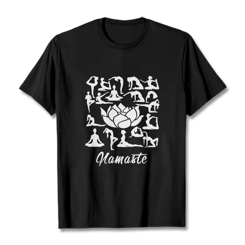 Buddha Stones Casual Lotusblume Verschiedene Yoga-Posen Muster T-Shirt - Schwarz - 2XL - image 4