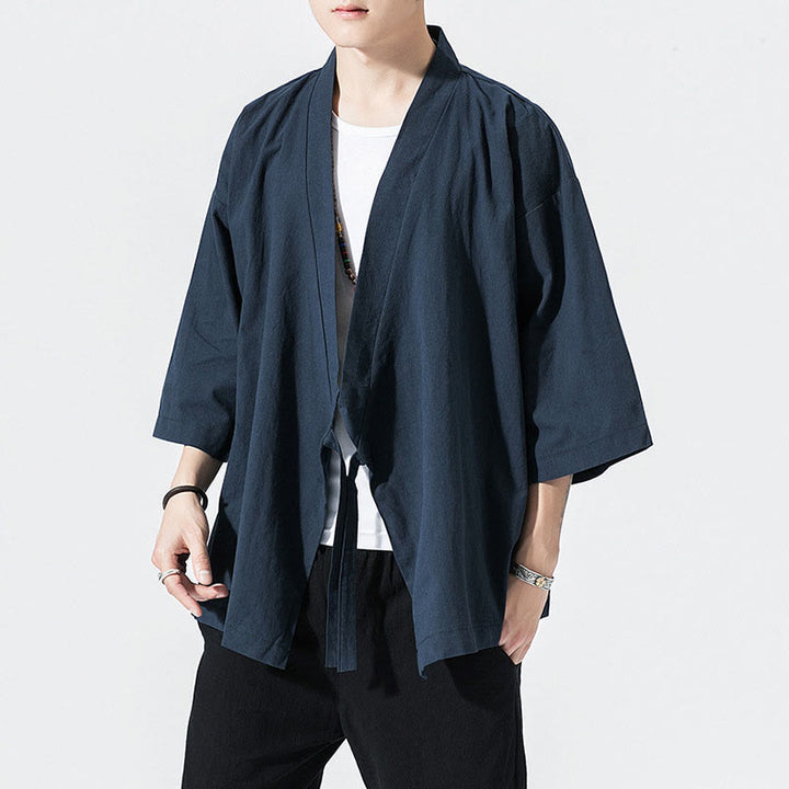 Buddha Stones Tang-Anzug, offene Vorderseite, Jacke aus Baumwolle und Leinen, Herren-Kimono mit Dreiviertelärmeln - Mitternachtsblau - US/ UK/AU48，EU58 (5XL) - image 7