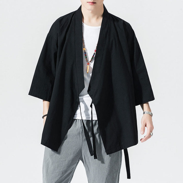 Buddha Stones Tang-Anzug, offene Vorderseite, Jacke aus Baumwolle und Leinen, Herren-Kimono mit Dreiviertelärmeln - image 11