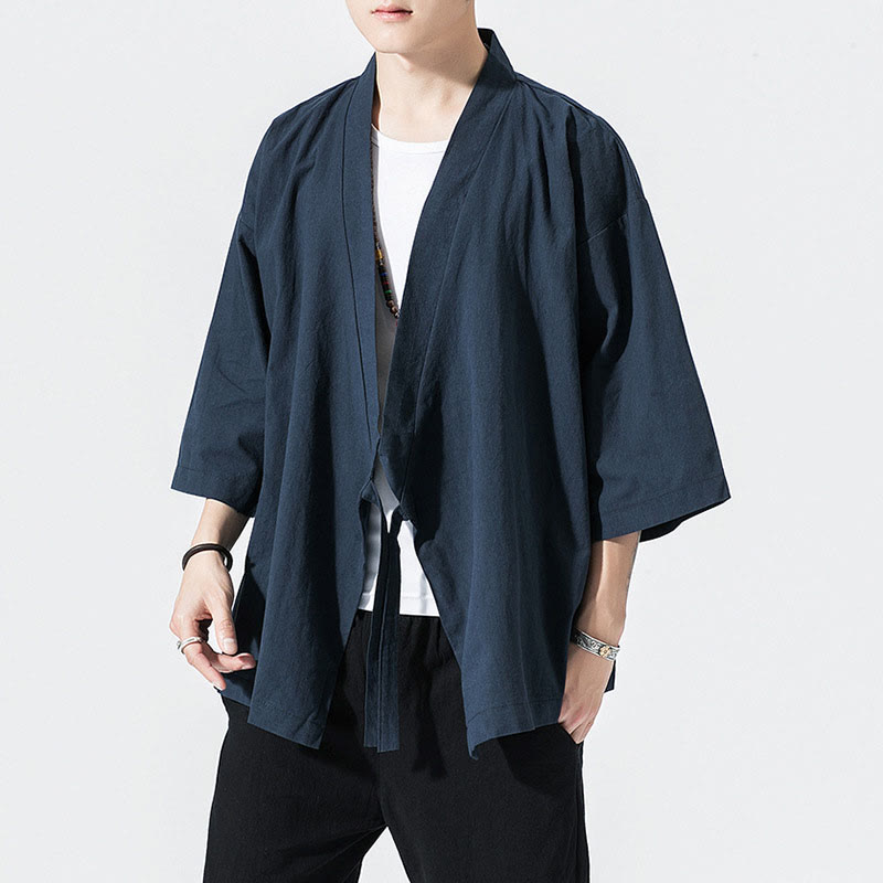 Buddha Stones Tang-Anzug, offene Vorderseite, Jacke aus Baumwolle und Leinen, Herren-Kimono mit Dreiviertelärmeln - Mitternachtsblau - US/ UK/AU48, EU58 (5XL) - image 6