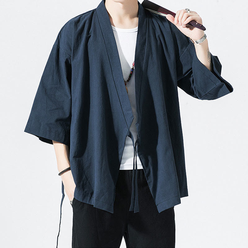 Buddha Stones Tang-Anzug, offene Vorderseite, Jacke aus Baumwolle und Leinen, Herren-Kimono mit Dreiviertelärmeln - image 9