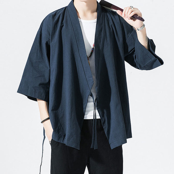 Buddha Stones Tang-Anzug, offene Vorderseite, Jacke aus Baumwolle und Leinen, Herren-Kimono mit Dreiviertelärmeln - image 9