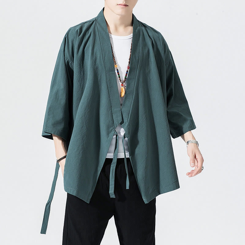 Buddha Stones Tang-Anzug, offene Vorderseite, Jacke aus Baumwolle und Leinen, Herren-Kimono mit Dreiviertelärmeln - DunkelCyan - US/ UK/AU48，EU58 (5XL) - image 1