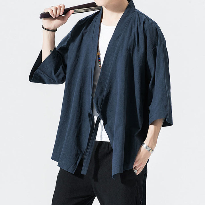 Buddha Stones Tang-Anzug, offene Vorderseite, Jacke aus Baumwolle und Leinen, Herren-Kimono mit Dreiviertelärmeln - image 8
