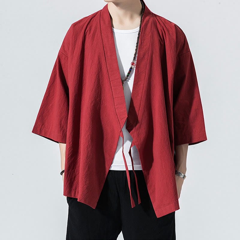 Buddha Stones Tang-Anzug, offene Vorderseite, Jacke aus Baumwolle und Leinen, Herren-Kimono mit Dreiviertelärmeln - image 5