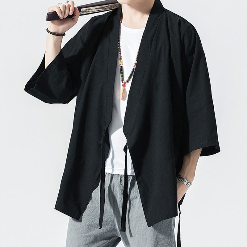 Buddha Stones Tang-Anzug, offene Vorderseite, Jacke aus Baumwolle und Leinen, Herren-Kimono mit Dreiviertelärmeln - image 13
