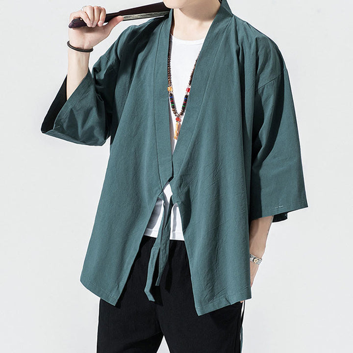 Buddha Stones Tang-Anzug, offene Vorderseite, Jacke aus Baumwolle und Leinen, Herren-Kimono mit Dreiviertelärmeln - image 3
