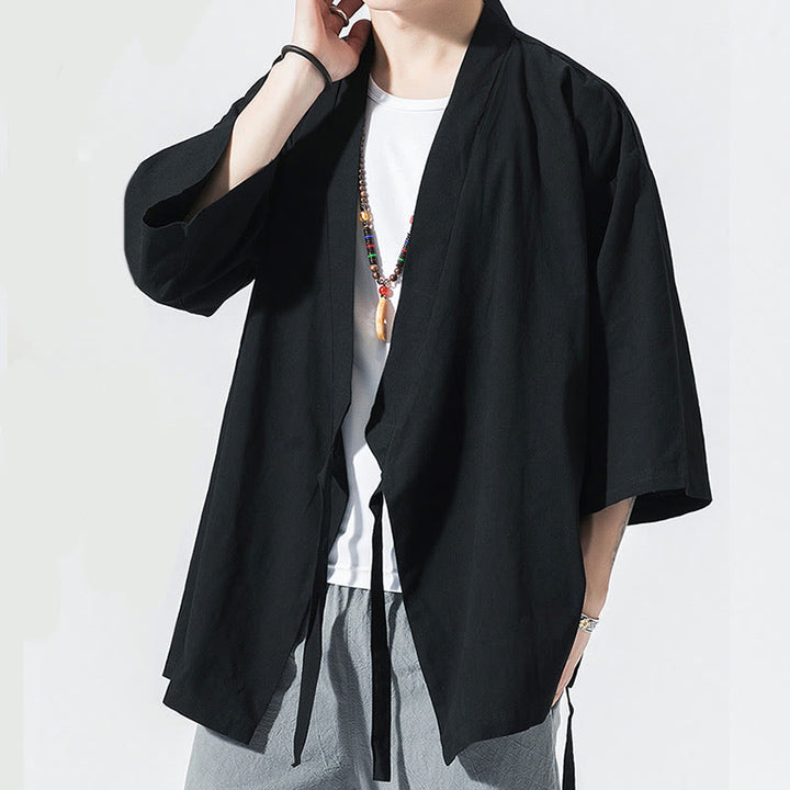 Buddha Stones Tang-Anzug, offene Vorderseite, Jacke aus Baumwolle und Leinen, Herren-Kimono mit Dreiviertelärmeln - image 12