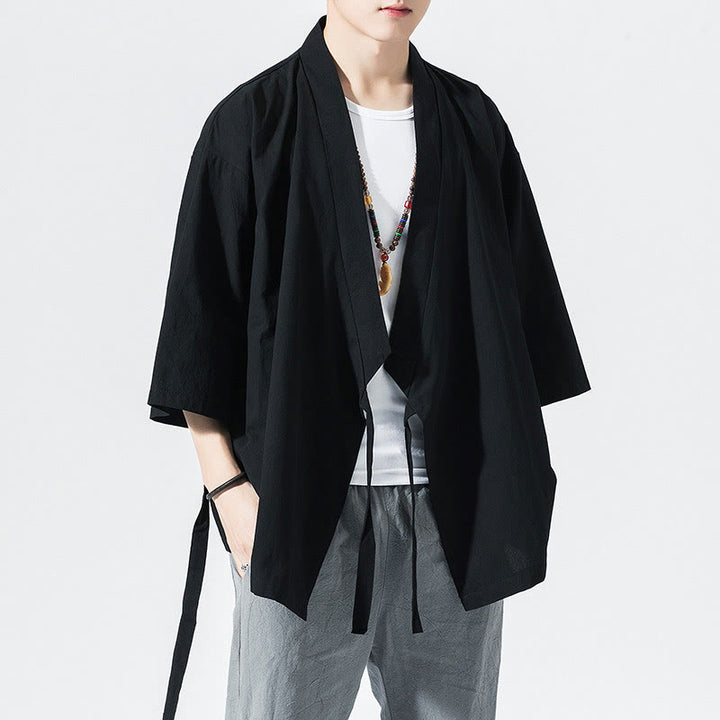 Buddha Stones Tang-Anzug, offene Vorderseite, Jacke aus Baumwolle und Leinen, Herren-Kimono mit Dreiviertelärmeln - Schwarz - US/ UK/AU48，EU58 (5XL) - image 10