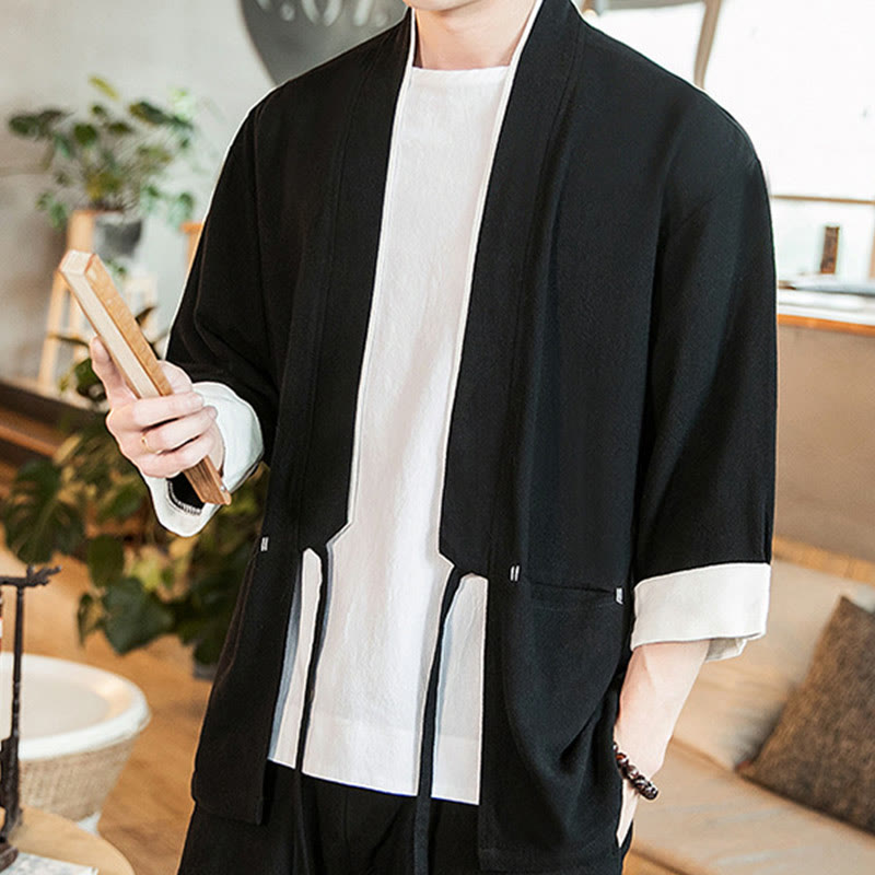 Buddha Stones Schnürjacke aus Baumwollleinen, Herren-Kimono mit Dreiviertelärmeln und Taschen - image 14
