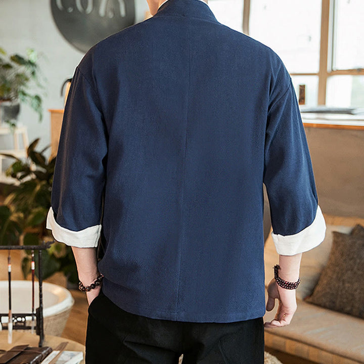 Buddha Stones Schnürjacke aus Baumwollleinen, Herren-Kimono mit Dreiviertelärmeln und Taschen - image 3
