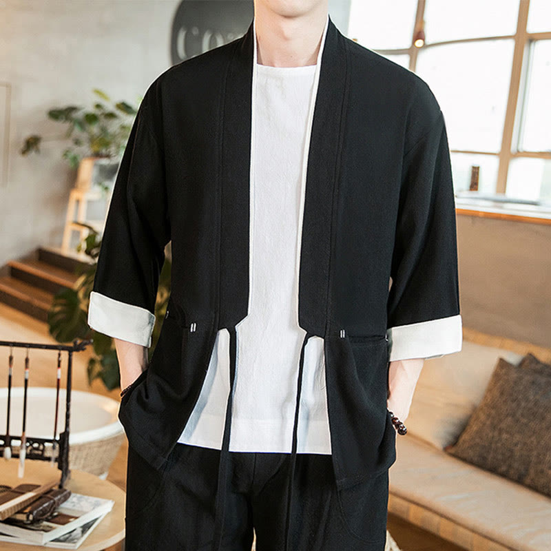 Buddha Stones Schnürjacke aus Baumwollleinen, Herren-Kimono mit Dreiviertelärmeln und Taschen - image 10
