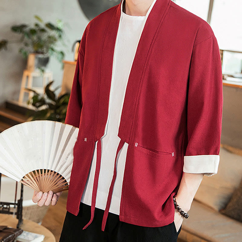 Buddha Stones Schnürjacke aus Baumwollleinen, Herren-Kimono mit Dreiviertelärmeln und Taschen - image 27