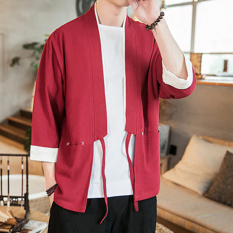 Buddha Stones Schnürjacke aus Baumwollleinen, Herren-Kimono mit Dreiviertelärmeln und Taschen - image 24