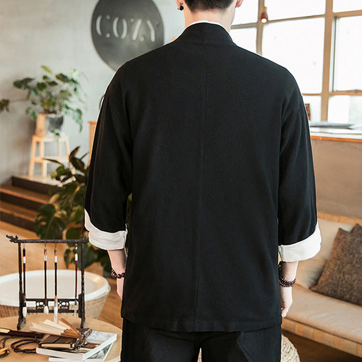 Buddha Stones Schnürjacke aus Baumwollleinen, Herren-Kimono mit Dreiviertelärmeln und Taschen - image 11