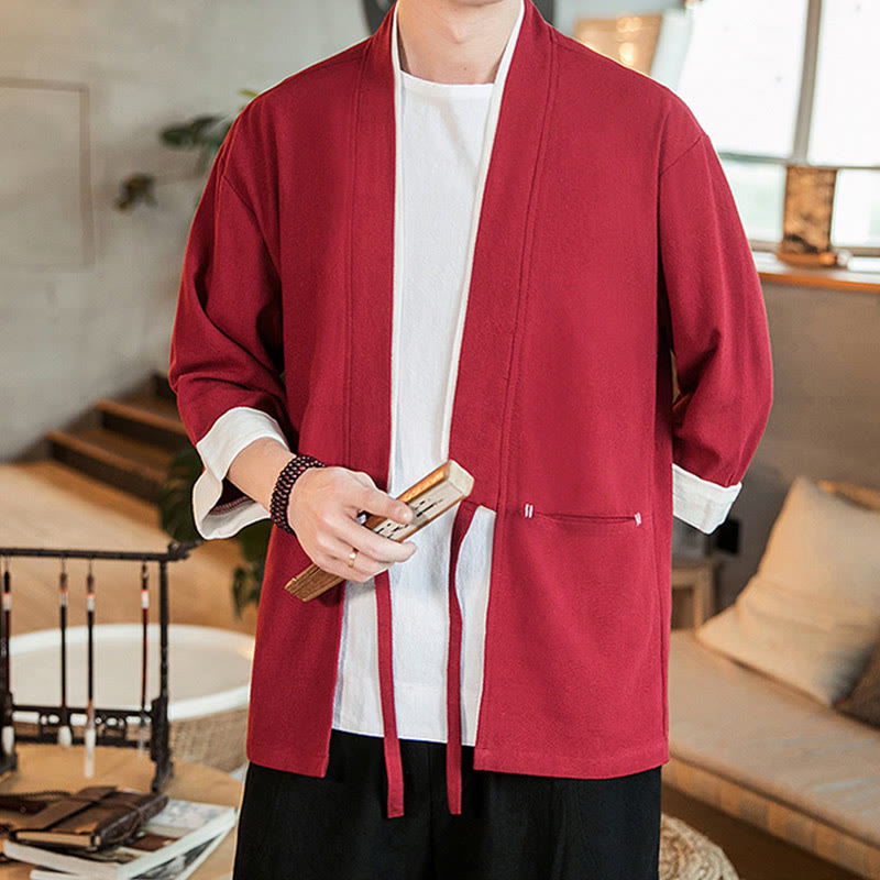 Buddha Stones Schnürjacke aus Baumwollleinen, Herren-Kimono mit Dreiviertelärmeln und Taschen - Purpurrot - US/ UK/AU46, EU56 (5XL) - image 21
