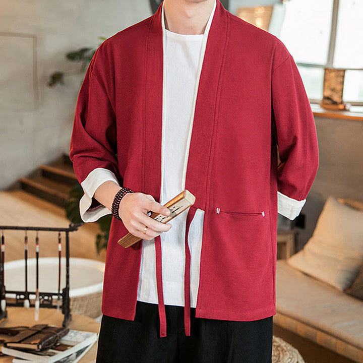 Buddha Stones Schnürjacke aus Baumwollleinen, Herren-Kimono mit Dreiviertelärmeln und Taschen - Purpurrot - US/ UK/AU46, EU56 (5XL) - image 21