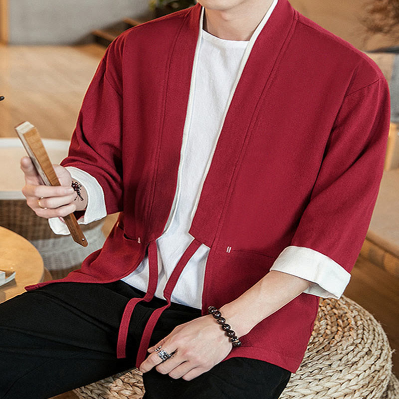 Buddha Stones Schnürjacke aus Baumwollleinen, Herren-Kimono mit Dreiviertelärmeln und Taschen - image 28