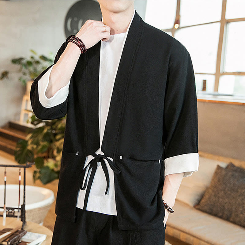 Buddha Stones Schnürjacke aus Baumwollleinen, Herren-Kimono mit Dreiviertelärmeln und Taschen - image 9