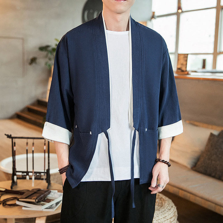 Buddha Stones Schnürjacke aus Baumwollleinen, Herren-Kimono mit Dreiviertelärmeln und Taschen - Dunkelblau - US/ UK/AU46, EU56 (5XL) - image 0
