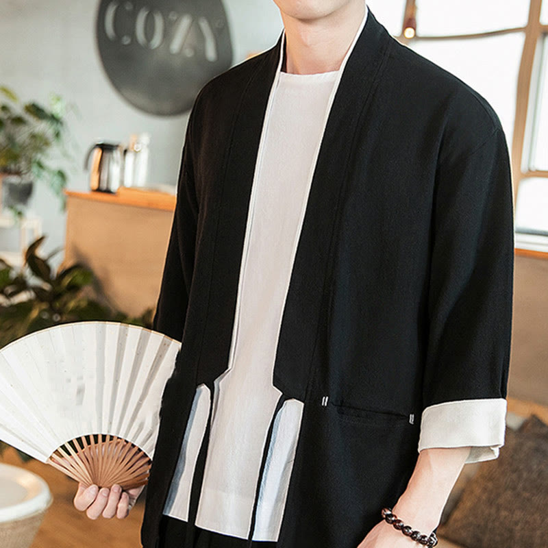 Buddha Stones Schnürjacke aus Baumwollleinen, Herren-Kimono mit Dreiviertelärmeln und Taschen - image 15