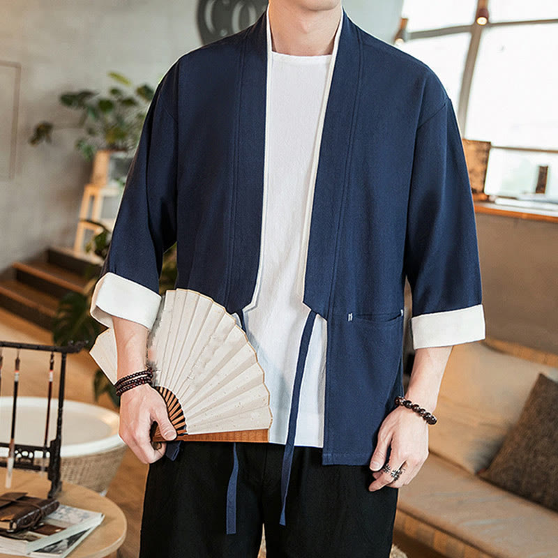 Buddha Stones Schnürjacke aus Baumwollleinen, Herren-Kimono mit Dreiviertelärmeln und Taschen - image 6