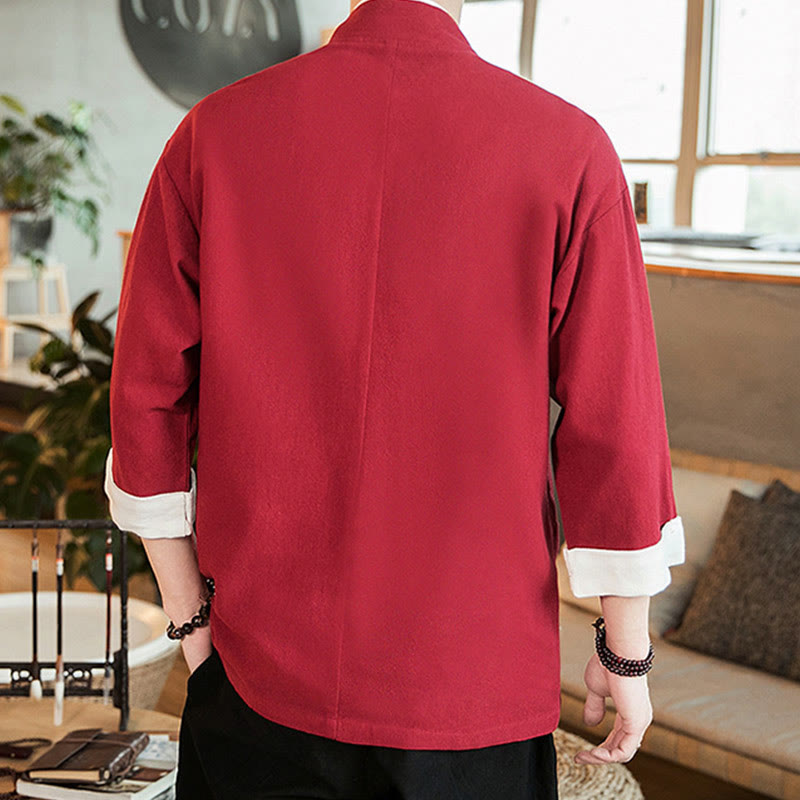 Buddha Stones Schnürjacke aus Baumwollleinen, Herren-Kimono mit Dreiviertelärmeln und Taschen - image 26
