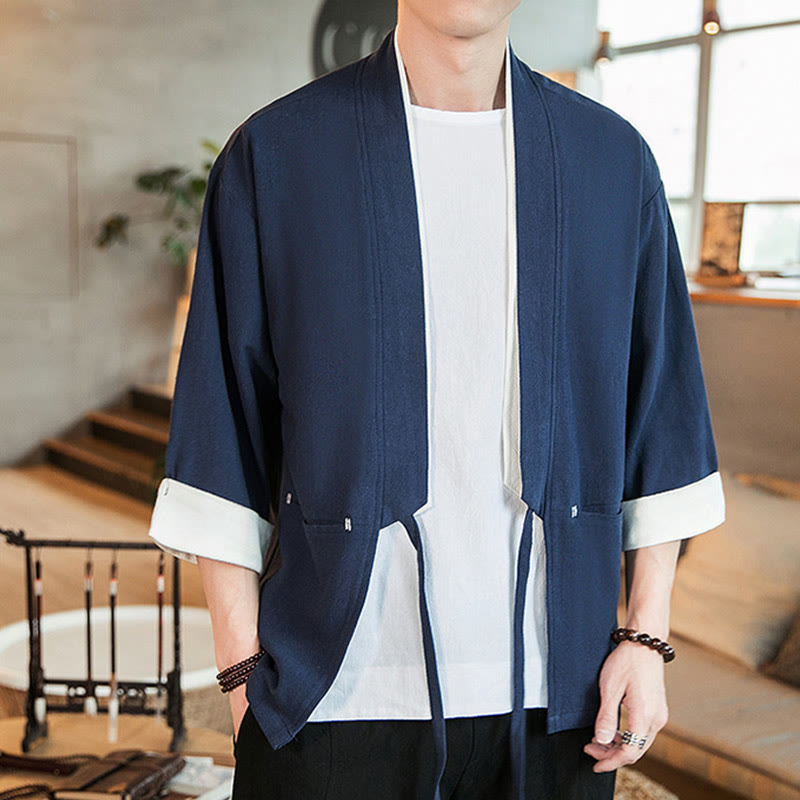 Buddha Stones Schnürjacke aus Baumwollleinen, Herren-Kimono mit Dreiviertelärmeln und Taschen - image 4