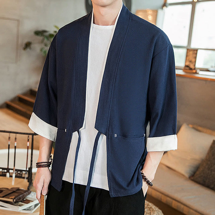 Buddha Stones Schnürjacke aus Baumwollleinen, Herren-Kimono mit Dreiviertelärmeln und Taschen - image 3
