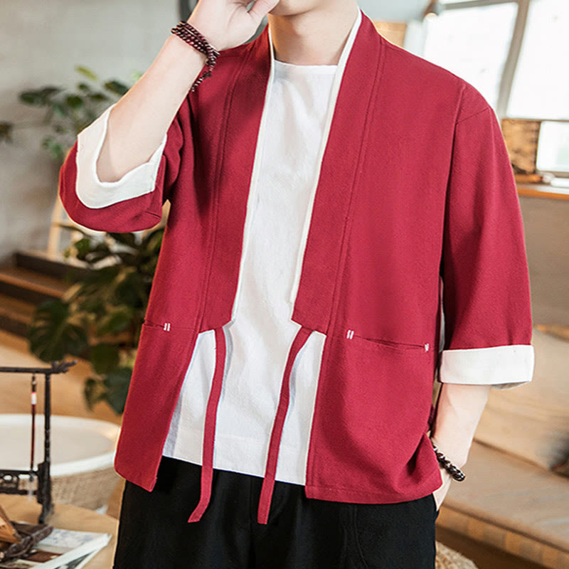 Buddha Stones Schnürjacke aus Baumwollleinen, Herren-Kimono mit Dreiviertelärmeln und Taschen - image 23