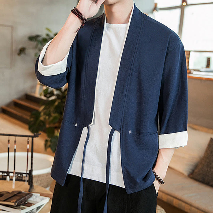 Buddha Stones Schnürjacke aus Baumwollleinen, Herren-Kimono mit Dreiviertelärmeln und Taschen - image 1