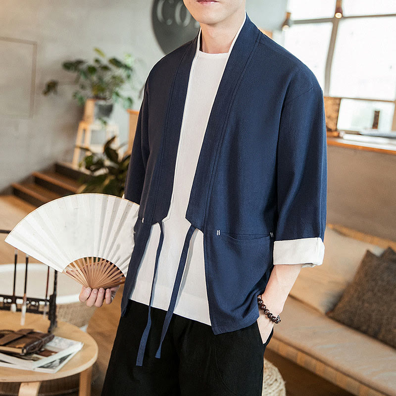 Buddha Stones Schnürjacke aus Baumwollleinen, Herren-Kimono mit Dreiviertelärmeln und Taschen - image 7