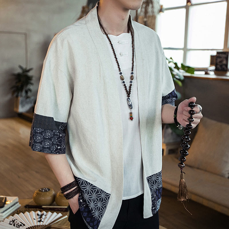 Buddha Stones Ethnic Printing Patchwork Halbarm Offene Frontjacke Baumwolle Leinen Herren Kimono - image 12
