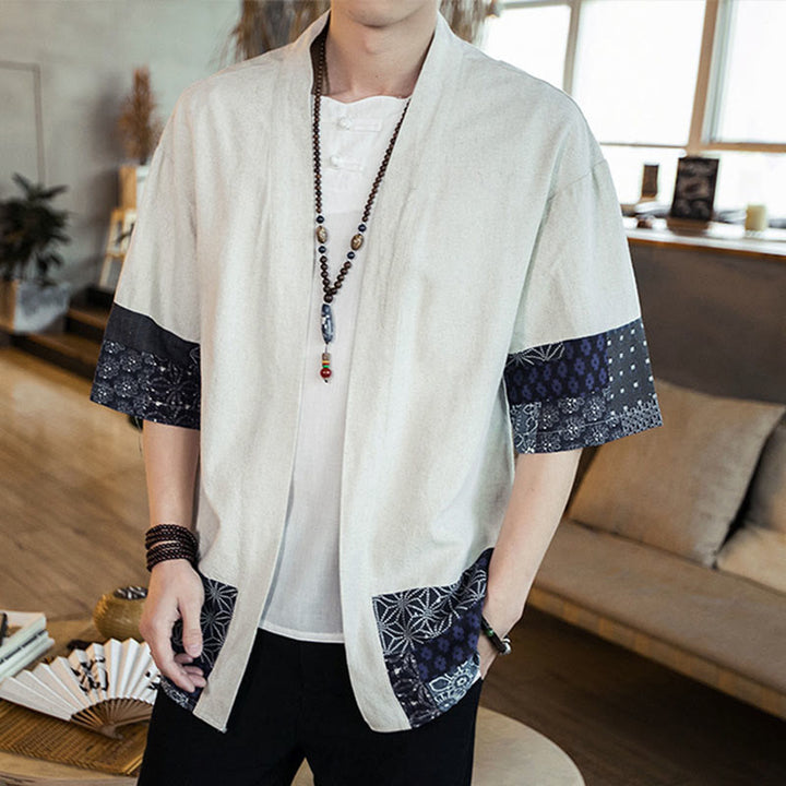 Buddha Stones Ethnic Printing Patchwork Halbarm Offene Frontjacke Baumwolle Leinen Herren Kimono - image 13