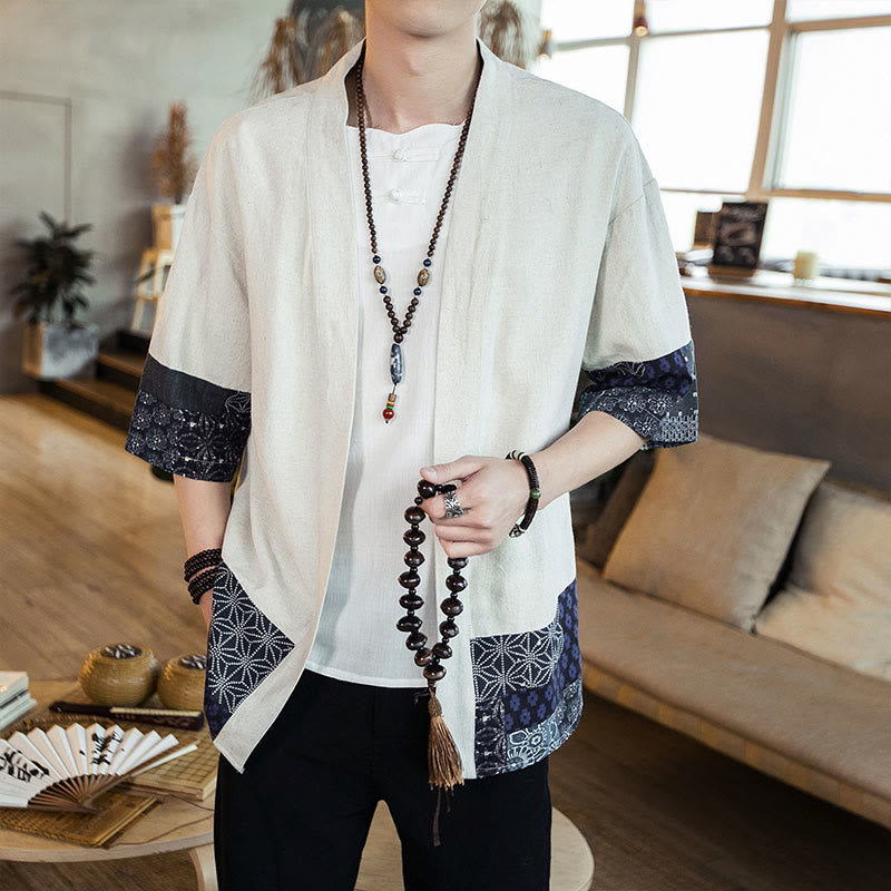 Buddha Stones Ethnic Printing Patchwork Halbarm Offene Frontjacke Baumwolle Leinen Herren Kimono - Leinen - US/ UK/AU46，EU56 (5XL) - image 10