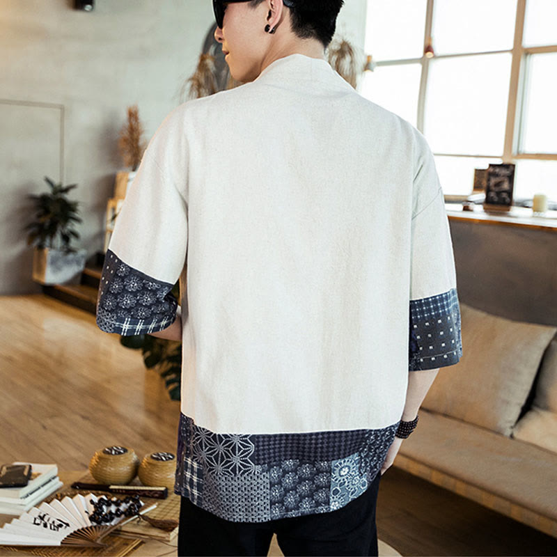 Buddha Stones Ethnic Printing Patchwork Halbarm Offene Frontjacke Baumwolle Leinen Herren Kimono - image 15