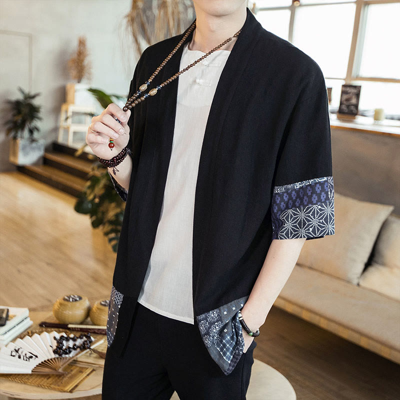 Buddha Stones Ethnic Printing Patchwork Halbarm Offene Frontjacke Baumwolle Leinen Herren Kimono - image 2