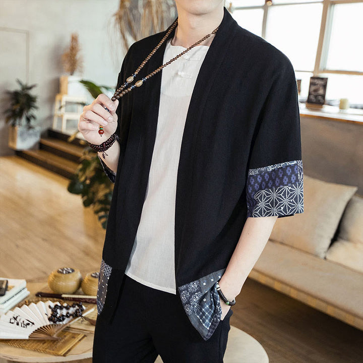 Buddha Stones Ethnic Printing Patchwork Halbarm Offene Frontjacke Baumwolle Leinen Herren Kimono - image 2