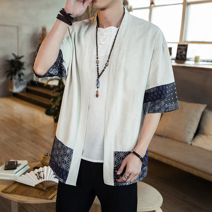 Buddha Stones Ethnic Printing Patchwork Halbarm Offene Frontjacke Baumwolle Leinen Herren Kimono - image 16