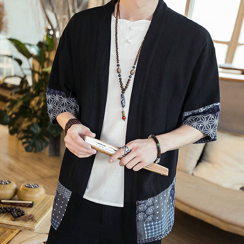 Buddha Stones Ethnic Printing Patchwork Halbarm Offene Frontjacke Baumwolle Leinen Herren Kimono - Schwarz - US/ UK/AU46，EU56 (5XL) - image 1