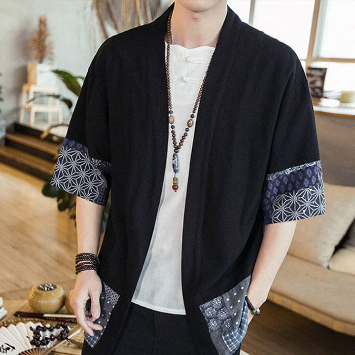 Buddha Stones Ethnic Printing Patchwork Halbarm Offene Frontjacke Baumwolle Leinen Herren Kimono - image 3