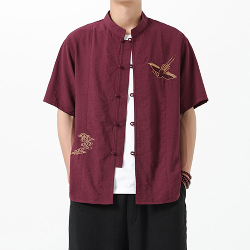 Buddha Stones Vintage Stickerei Knöpfe Halbarm Design Stehkragen Herren Baumwollhemd - Braun - US/ UK/AU42, EU52 (3XL) - image 0