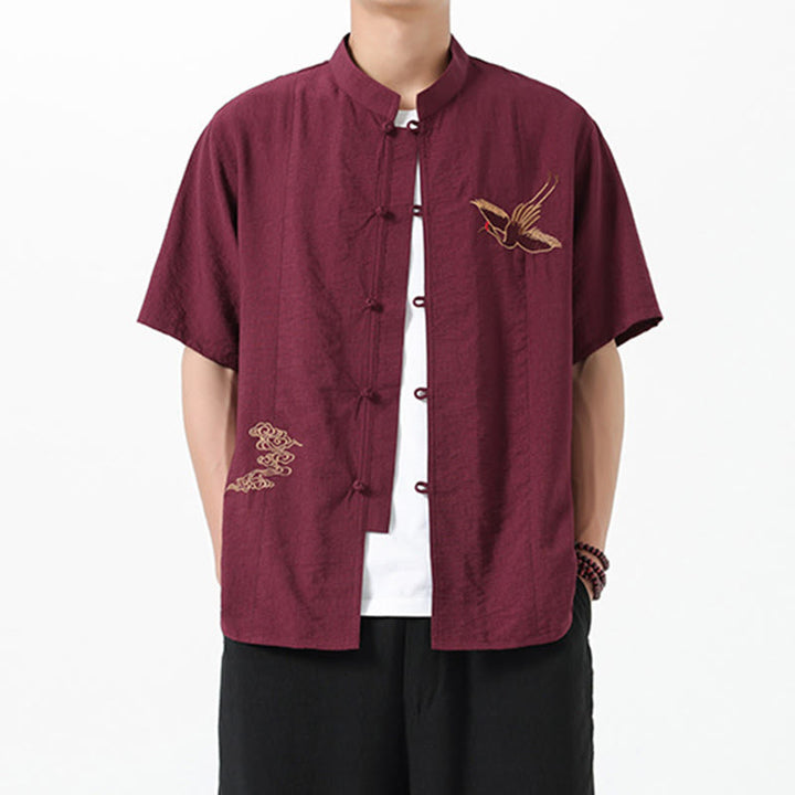 Buddha Stones Vintage Stickerei Knöpfe Halbarm Design Stehkragen Herren Baumwollhemd - Braun - US/ UK/AU42, EU52 (3XL) - image 0