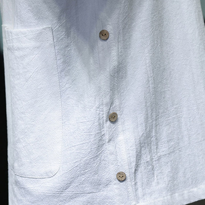 Buddha Stones Commute Plain Half Buttons Design Herrenhemd aus Baumwolle und Leinen mit halben Ärmeln und Tasche - image 9