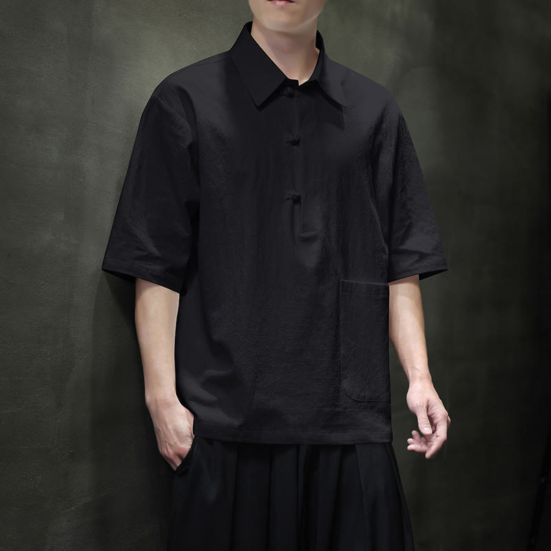 Buddha Stones Commute Plain Half Buttons Design Herrenhemd aus Baumwolle und Leinen mit halben Ärmeln und Tasche - Schwarz - US/ UK/AU46，EU56 (5XL) - image 12