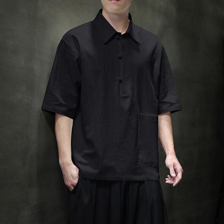 Buddha Stones Commute Plain Half Buttons Design Herrenhemd aus Baumwolle und Leinen mit halben Ärmeln und Tasche - Schwarz - US/ UK/AU46，EU56 (5XL) - image 12