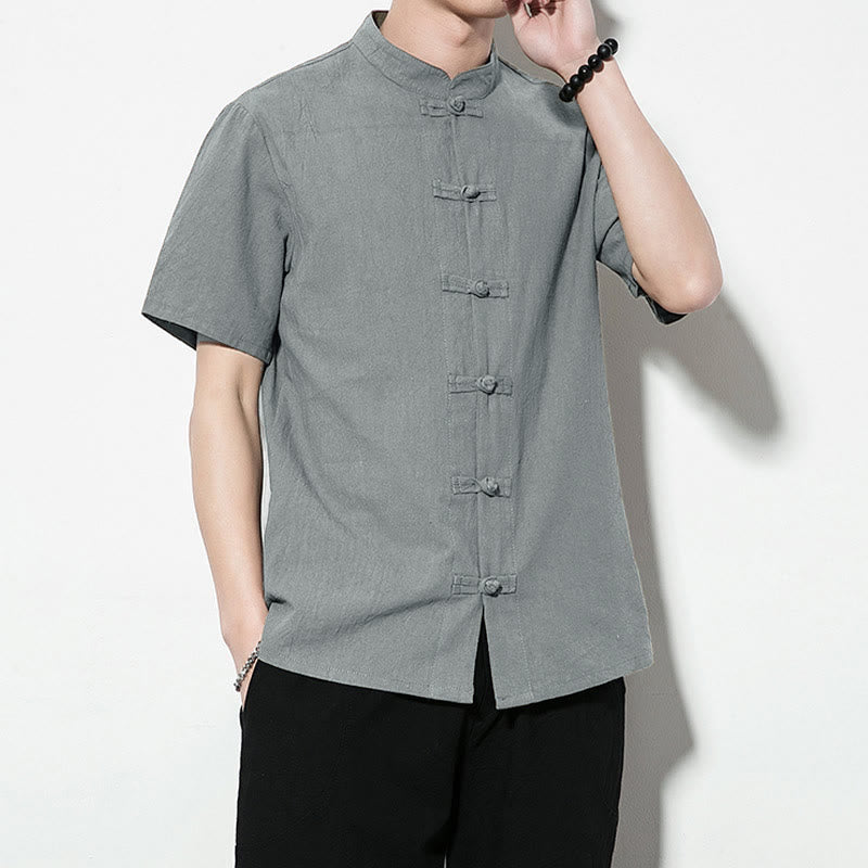 Buddha Stones Lässiges, einfarbiges, vorne mit Froschknöpfen versehenes, chinesisches Tang-Anzug-Kurzarm-Herrenhemd aus Leinen - image 32